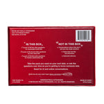Red box containing dating conversation question packs with text describing contents and usage instructions on back.