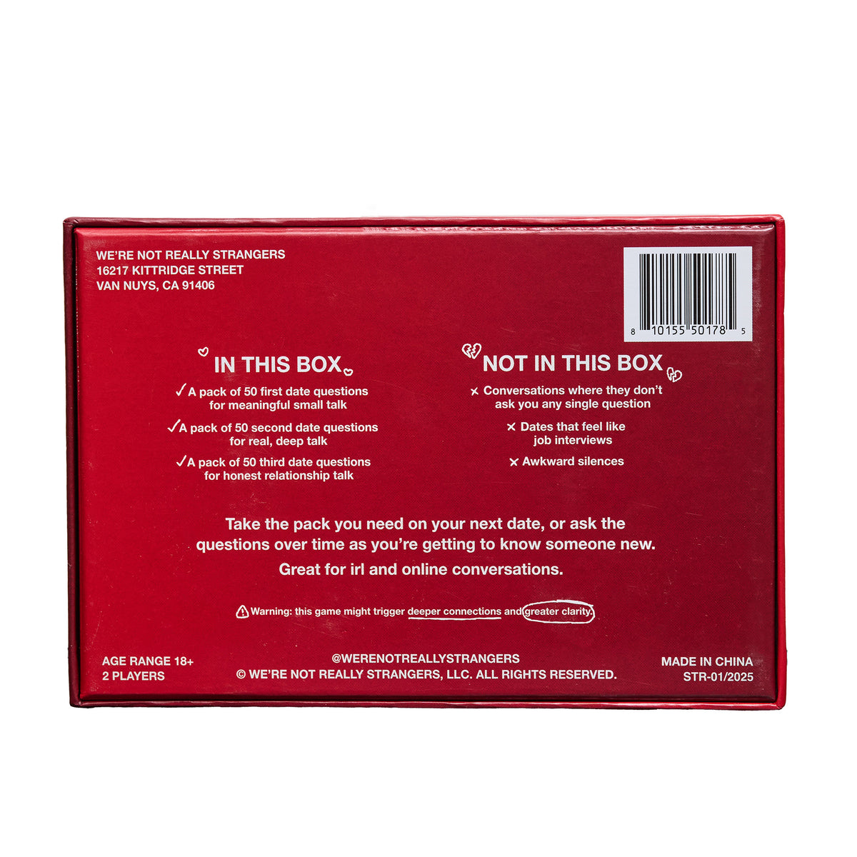 Red box containing dating conversation question packs with text describing contents and usage instructions on back.