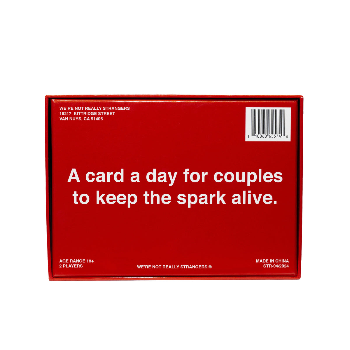 Red card game box with white text reading "A card a day for couples to keep the spark alive" and product details.