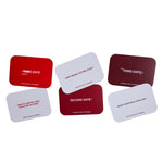 Six rounded conversation cards in red and lavender with dating-related questions and statements printed in white and red text