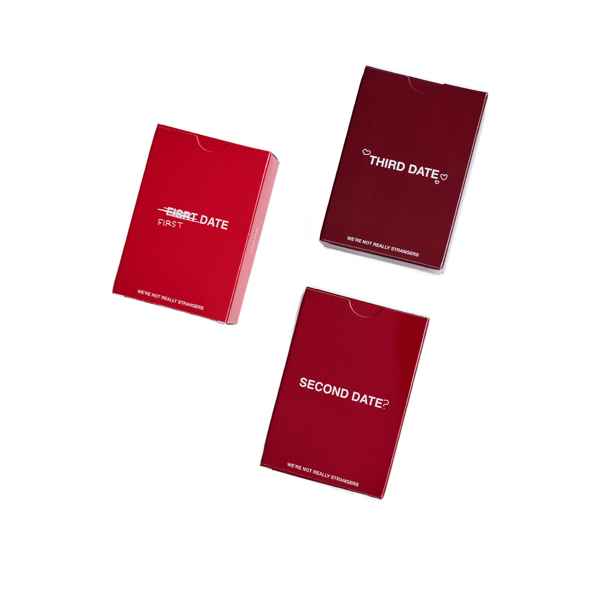 Three red and burgundy card decks labeled "First Date," "Second Date," and "Third Date" arranged on a white background.