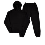 Black hoodie and jogger pants set with kangaroo pocket and elastic cuffs.