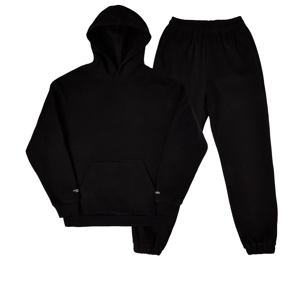 Black hoodie and jogger pants set with kangaroo pocket and elastic cuffs.