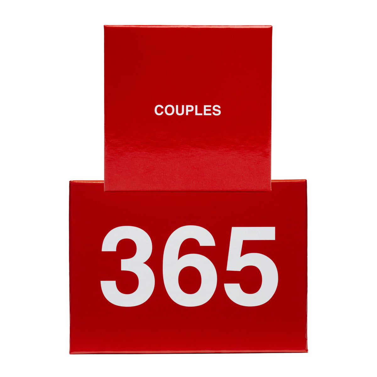 The image shows two red boxes related to the product. The smaller box has the word 'COUPLES' written on it, and the larger box has '365' written in bold white digits.