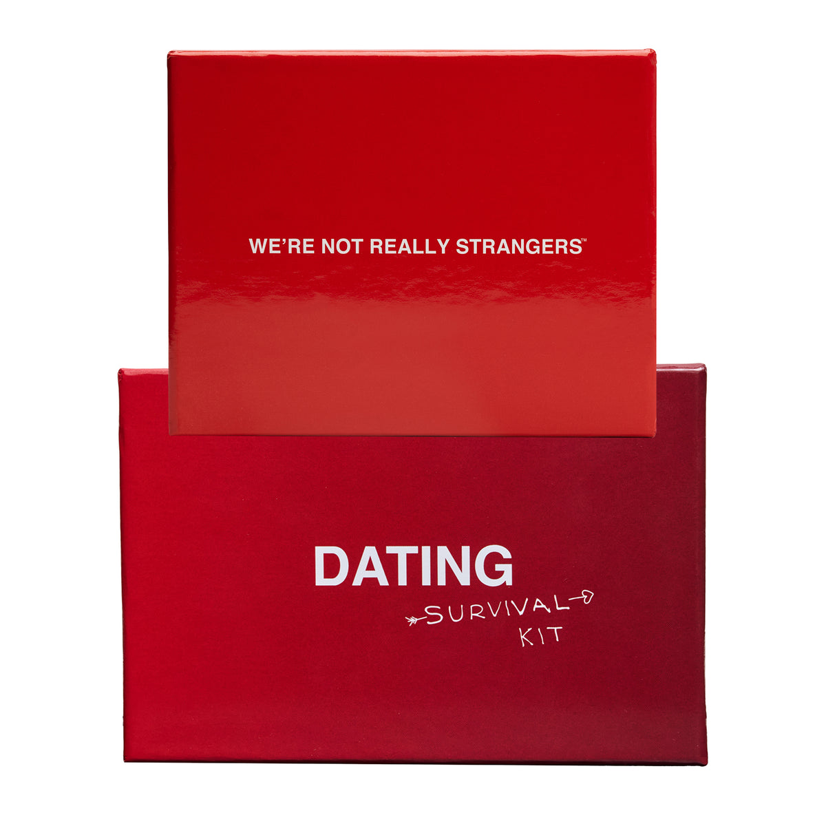 Red box bundle with inner card reading "We're Not Really Strangers" and outer box labeled "Dating Survival Kit."