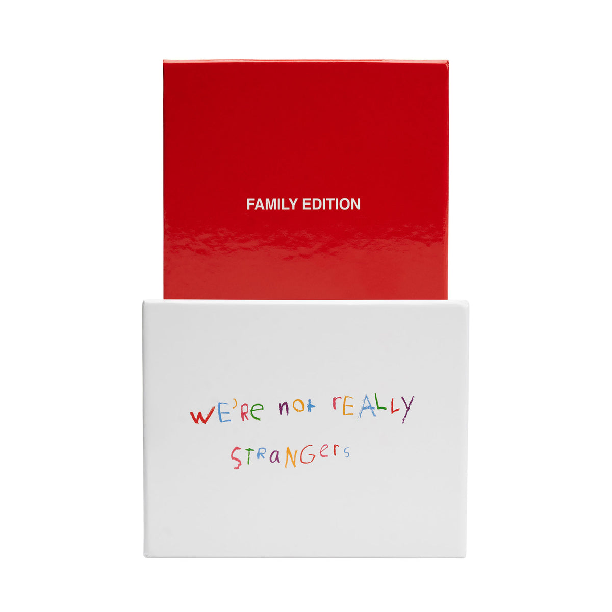 Red and white box set with "Family Edition" text on red lid and colorful handwritten text reading "We're not really strangers