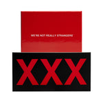 Two-piece bundle with red box labeled "We're Not Really Strangers" and black box with red XXX text.