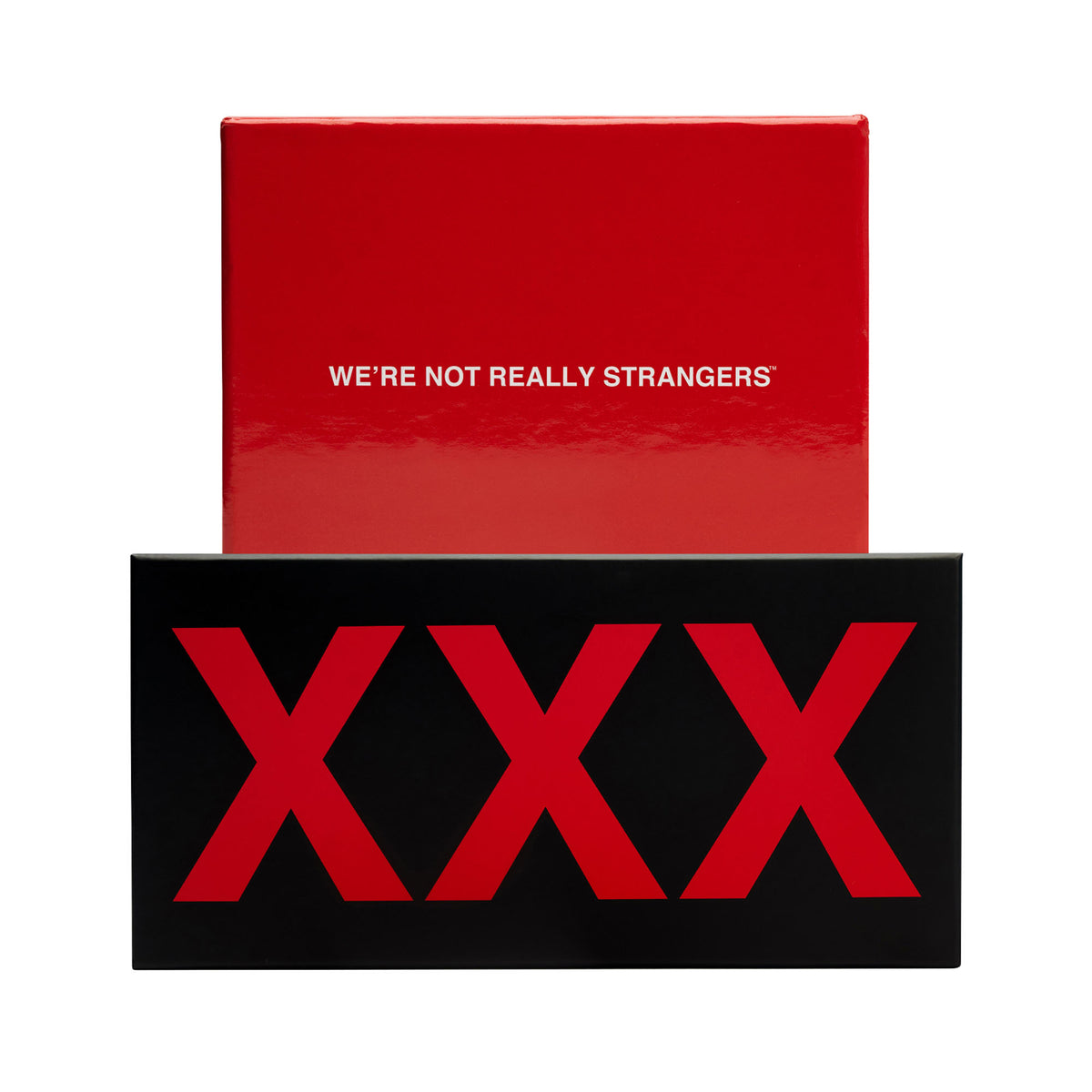 Two-piece bundle with red box labeled "We're Not Really Strangers" and black box with red XXX text.