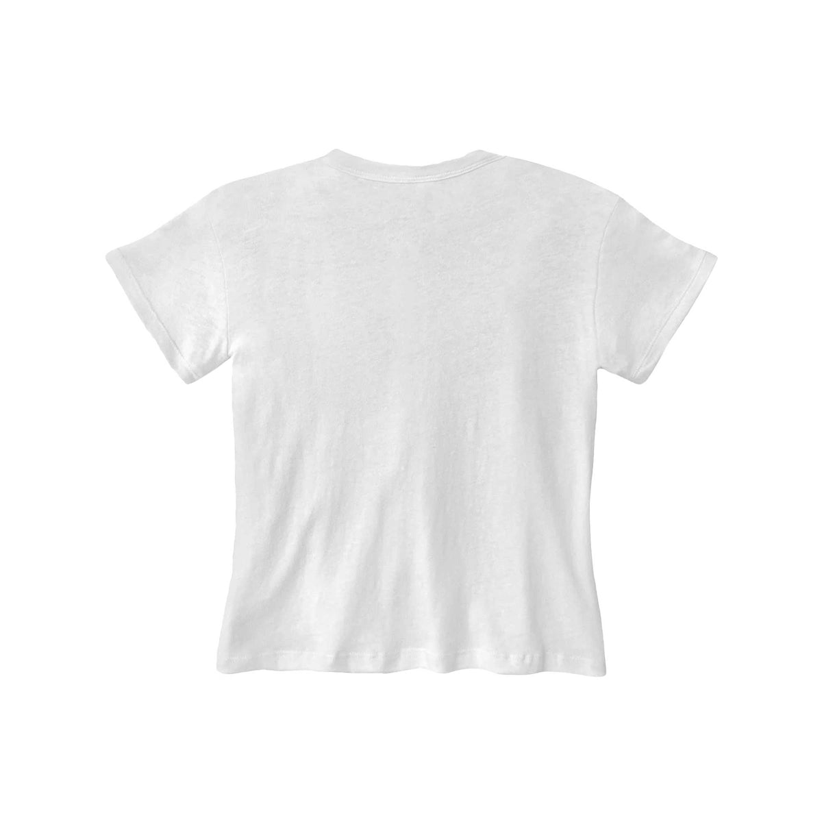 White fitted short-sleeve baby tee with crew neckline, shown flat against white background.