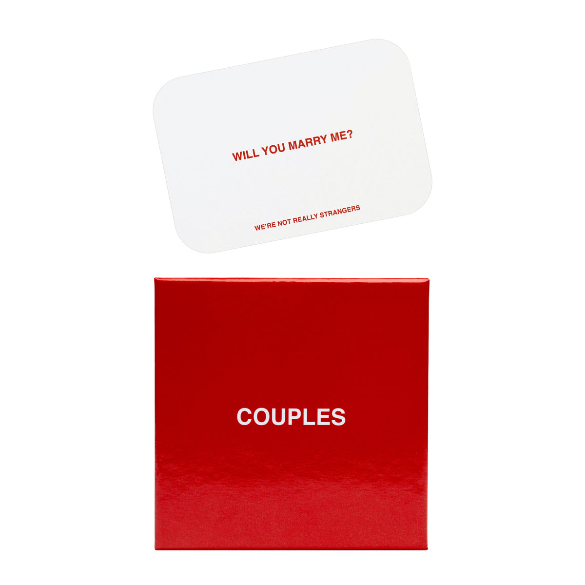 White card with "Will you marry me?" and red card labeled "Couples" displayed together.