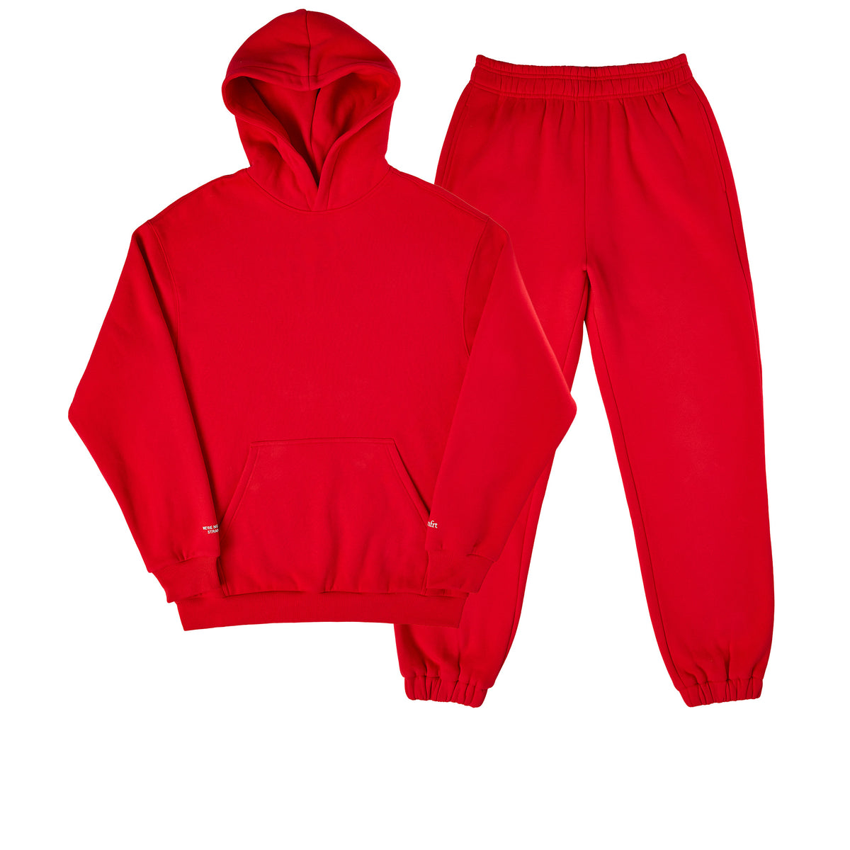 Red pullover hoodie and matching jogger pants with elastic cuffs and drawstring waistband.