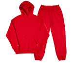 Red pullover hoodie and matching jogger pants with elastic cuffs and drawstring waistband.