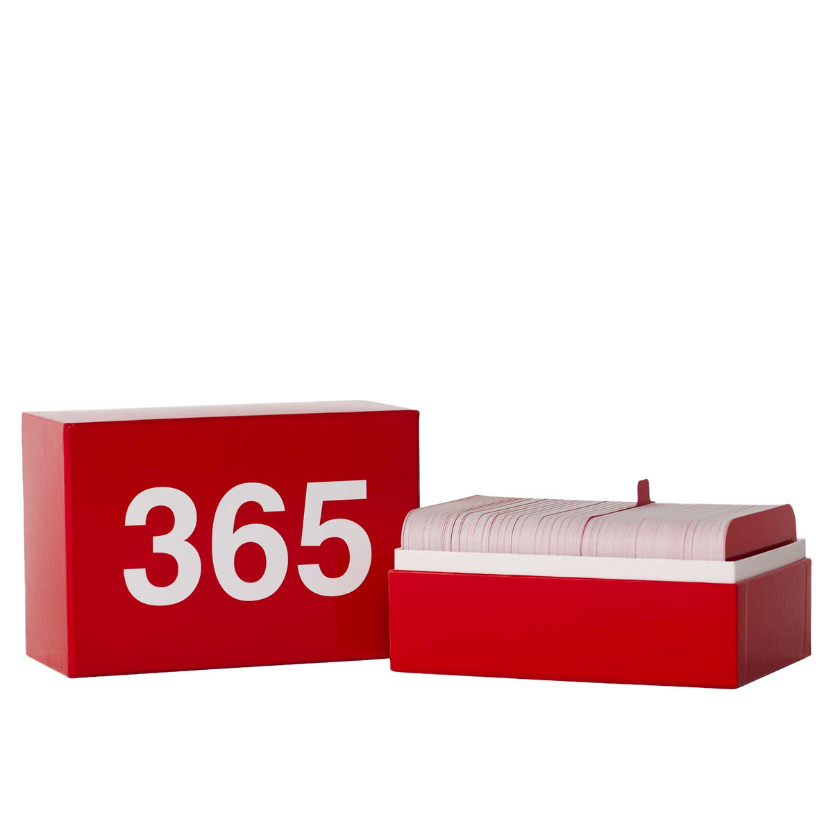 Red storage box with "365" text and matching red bench with striped cushioned top.