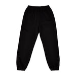 Black sweatpants with elastic waistband and ribbed cuffs at ankles.