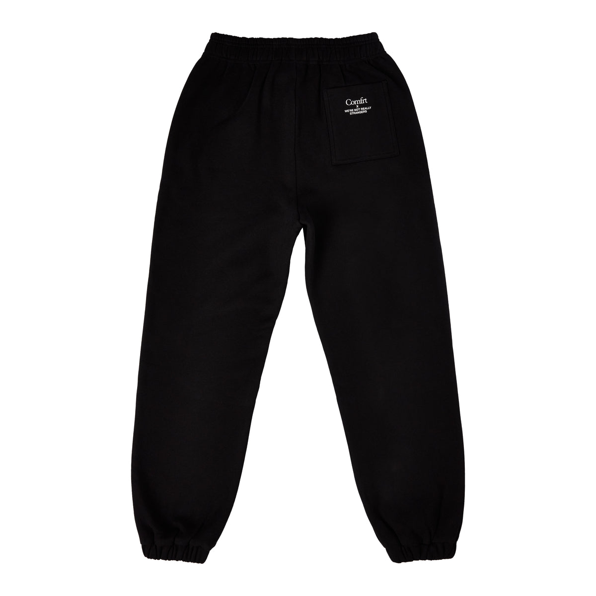 Black sweatpants with elasticized waistband and cuffs, featuring small Comfrt logo on back pocket.