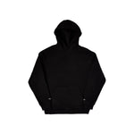 Black pullover hoodie with kangaroo pocket and small text details on sleeves.