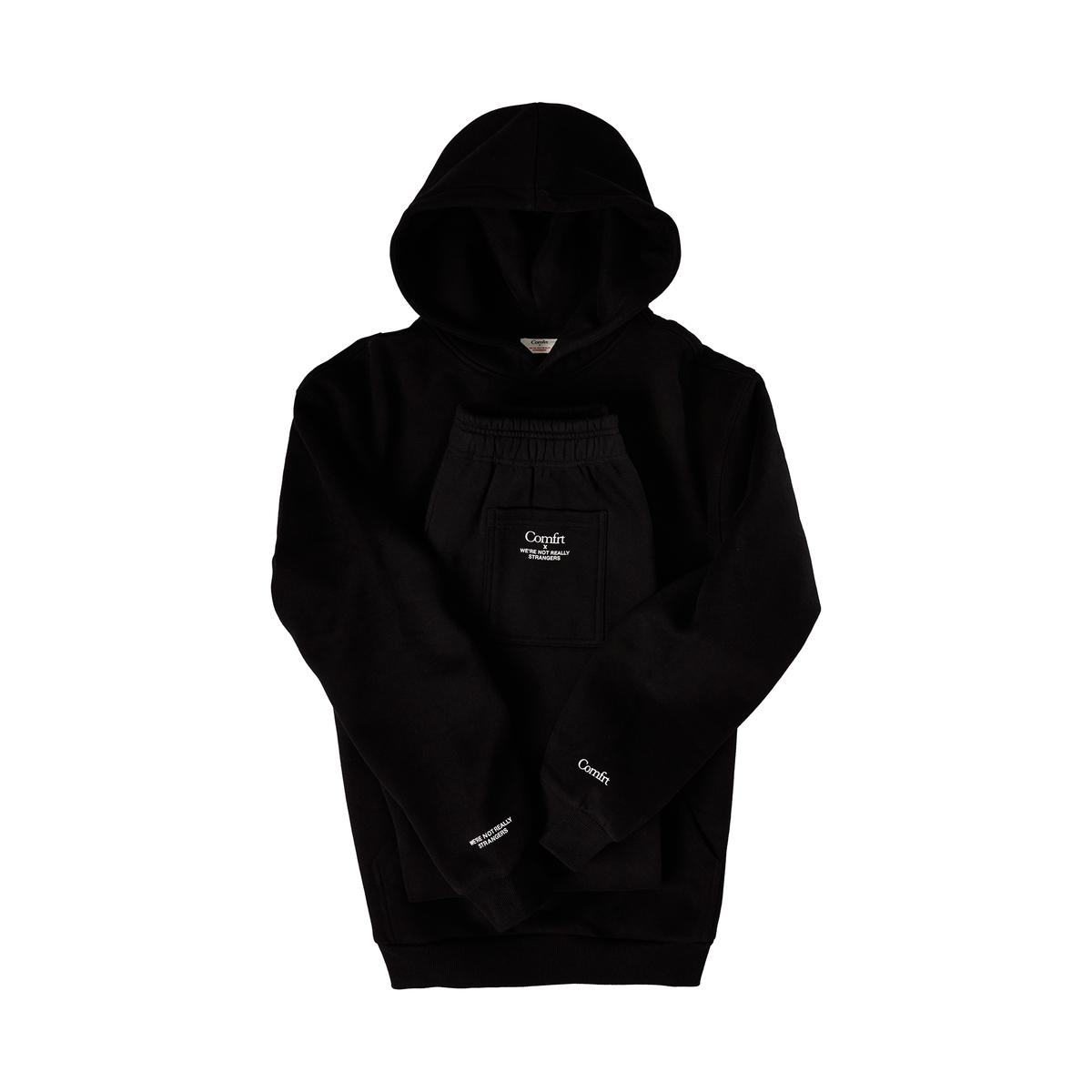 Black hoodie and joggers set with small logo text on chest and legs.