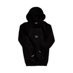 Black hoodie and joggers set with small logo text on chest and legs.