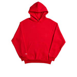 Red pullover hoodie with kangaroo pocket and drawstring hood.
