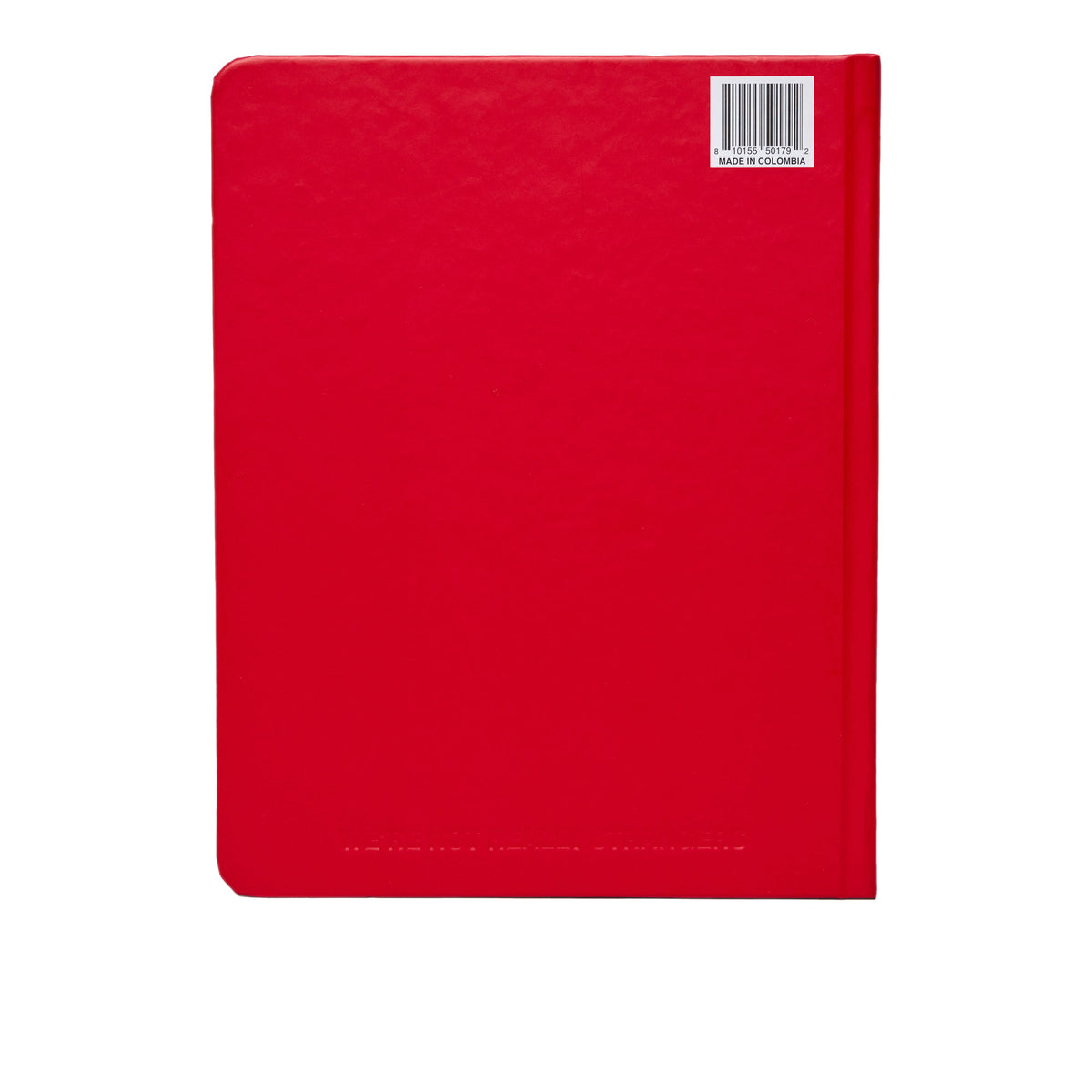 Red hardcover journal with rounded corners and barcode label on upper right.