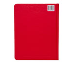 Red hardcover journal with rounded corners and barcode label on upper right.