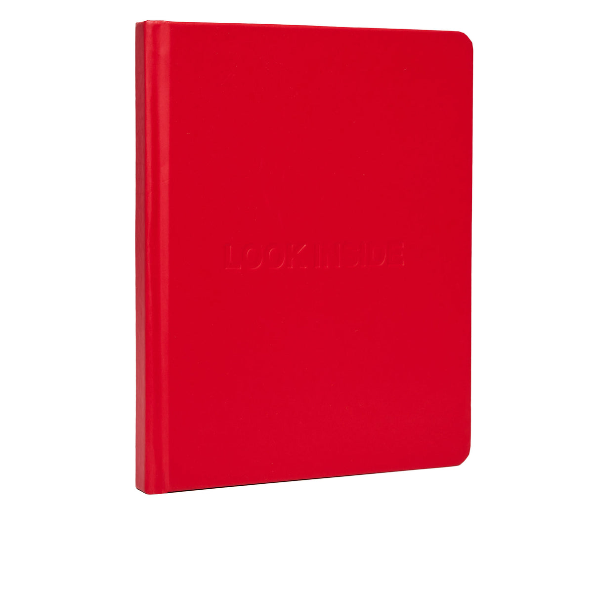 Red hardcover journal with embossed text on front cover and rounded corners.