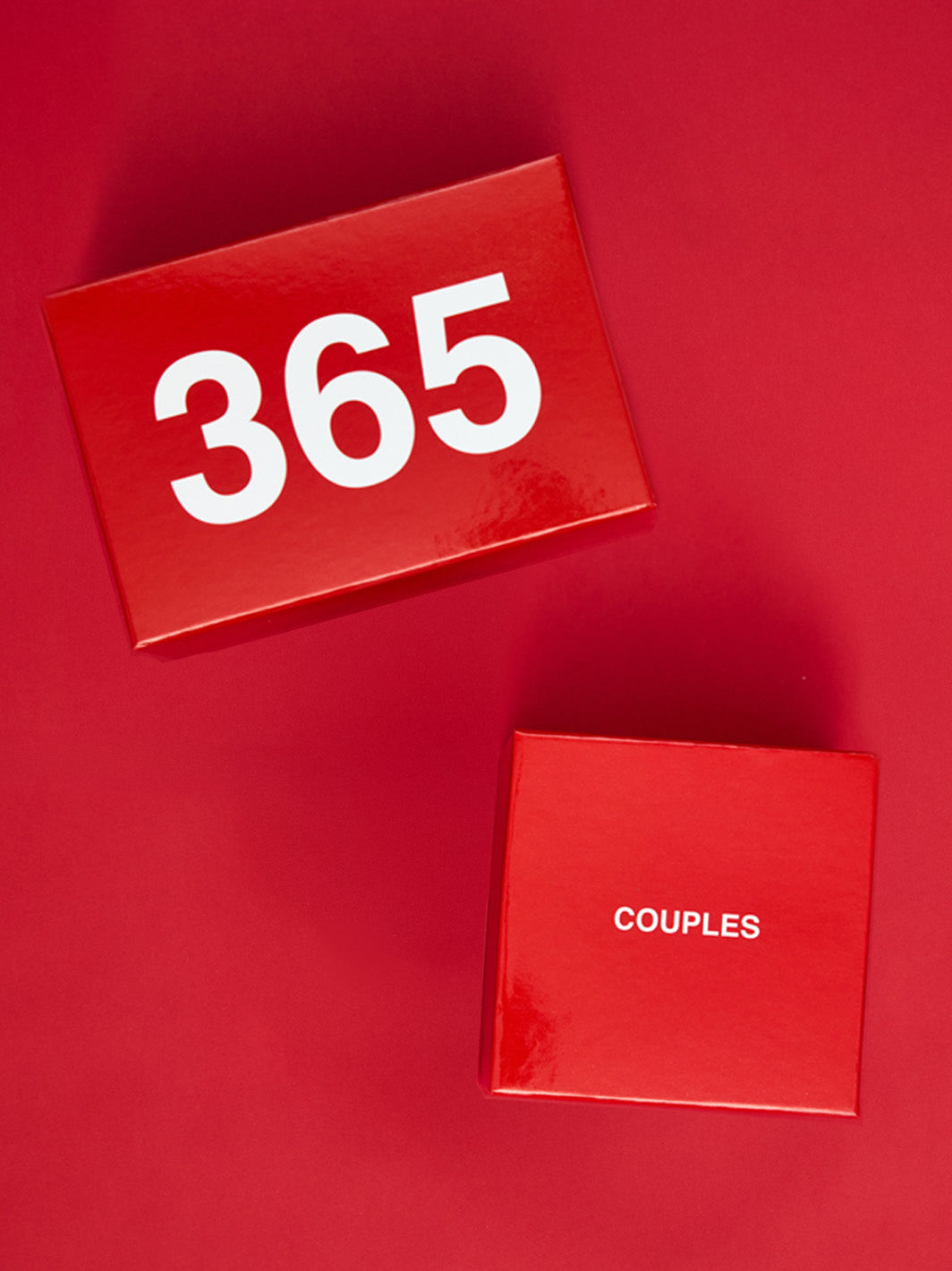 Two red boxes on red background: upper box displays "365" in white text, lower box labeled "COUPLES" in white text.