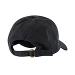 Black dad hat with adjustable back strap and brass buckle closure, shown from rear view.
