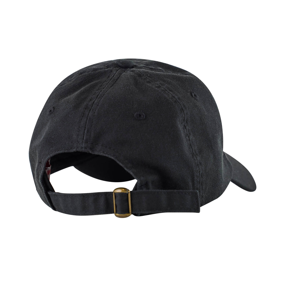 Black dad hat with adjustable back strap and brass buckle closure, shown from rear view.