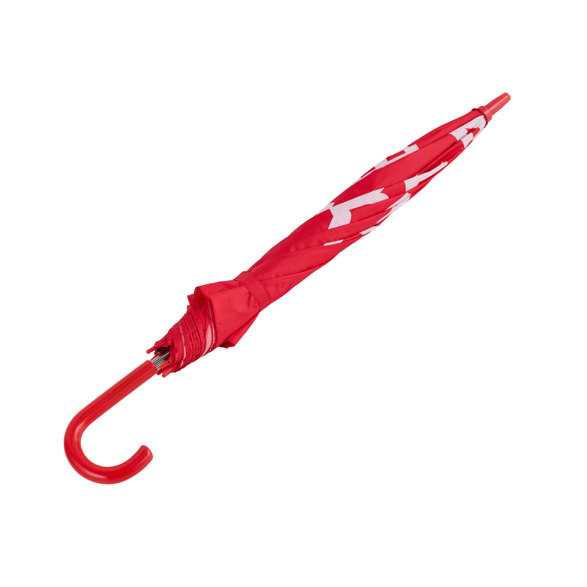 Red umbrella with white geometric pattern and curved red handle.