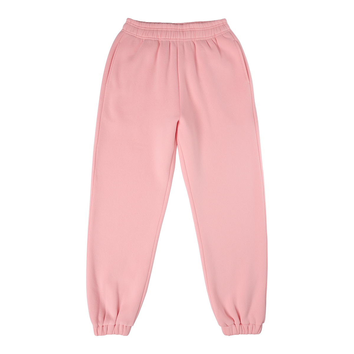 Pink sweatpants with elastic waistband and tapered cuffs at ankles.