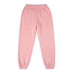 Pink sweatpants with elastic waistband and tapered cuffs at ankles.