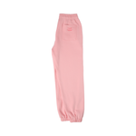 Pink sweatpants with elastic waistband, side pocket, and gathered ankles.