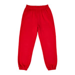 Red sweatpants with elastic waistband and gathered cuffs.