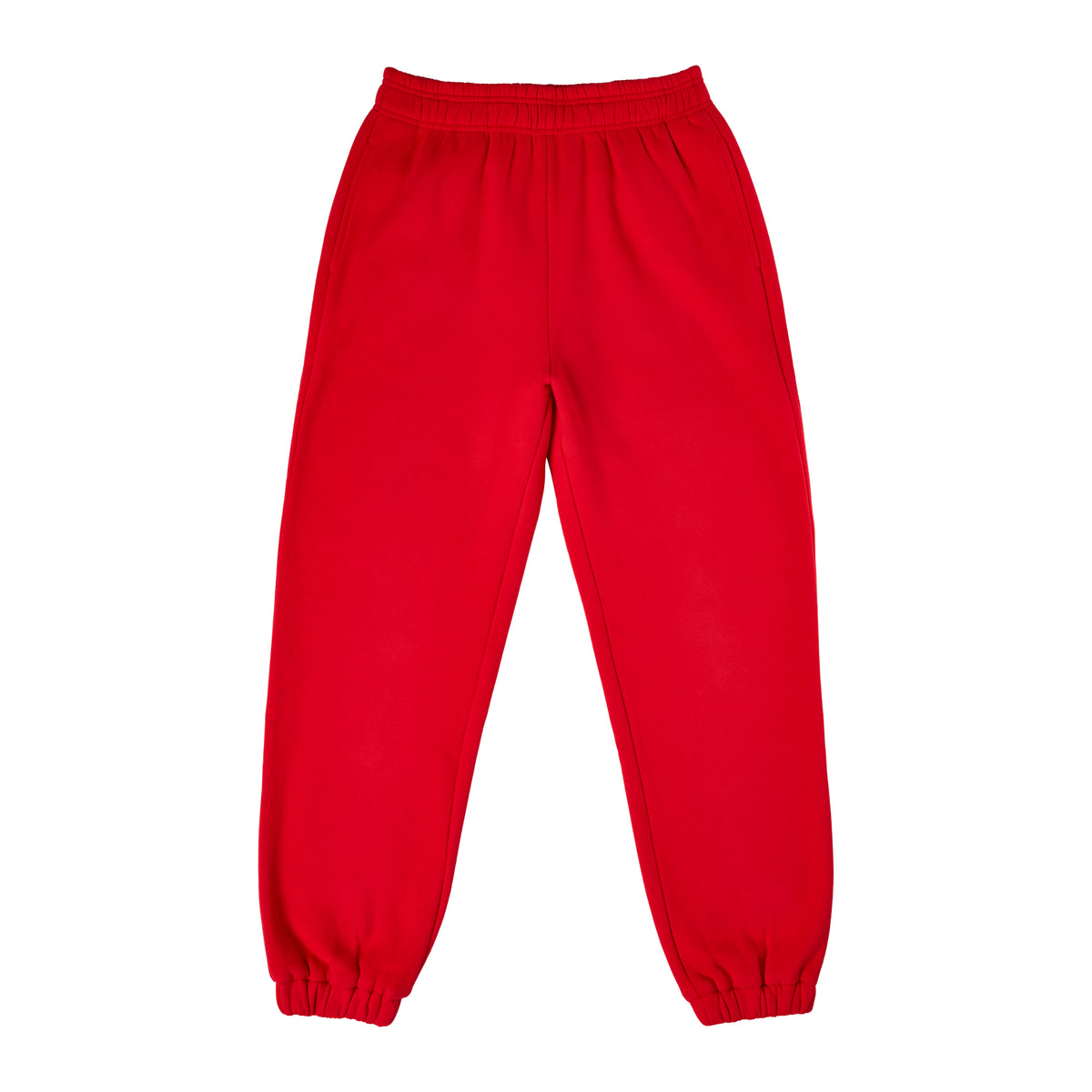 Red sweatpants with elastic waistband and gathered ankles.