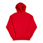 Red pullover hoodie with kangaroo pocket and drawstring hood.