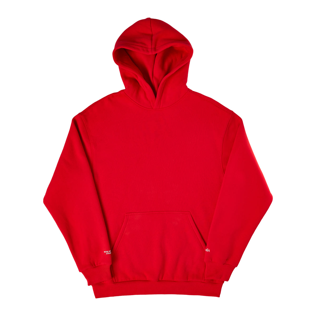 Red pullover hoodie with kangaroo pocket and drawstring hood.