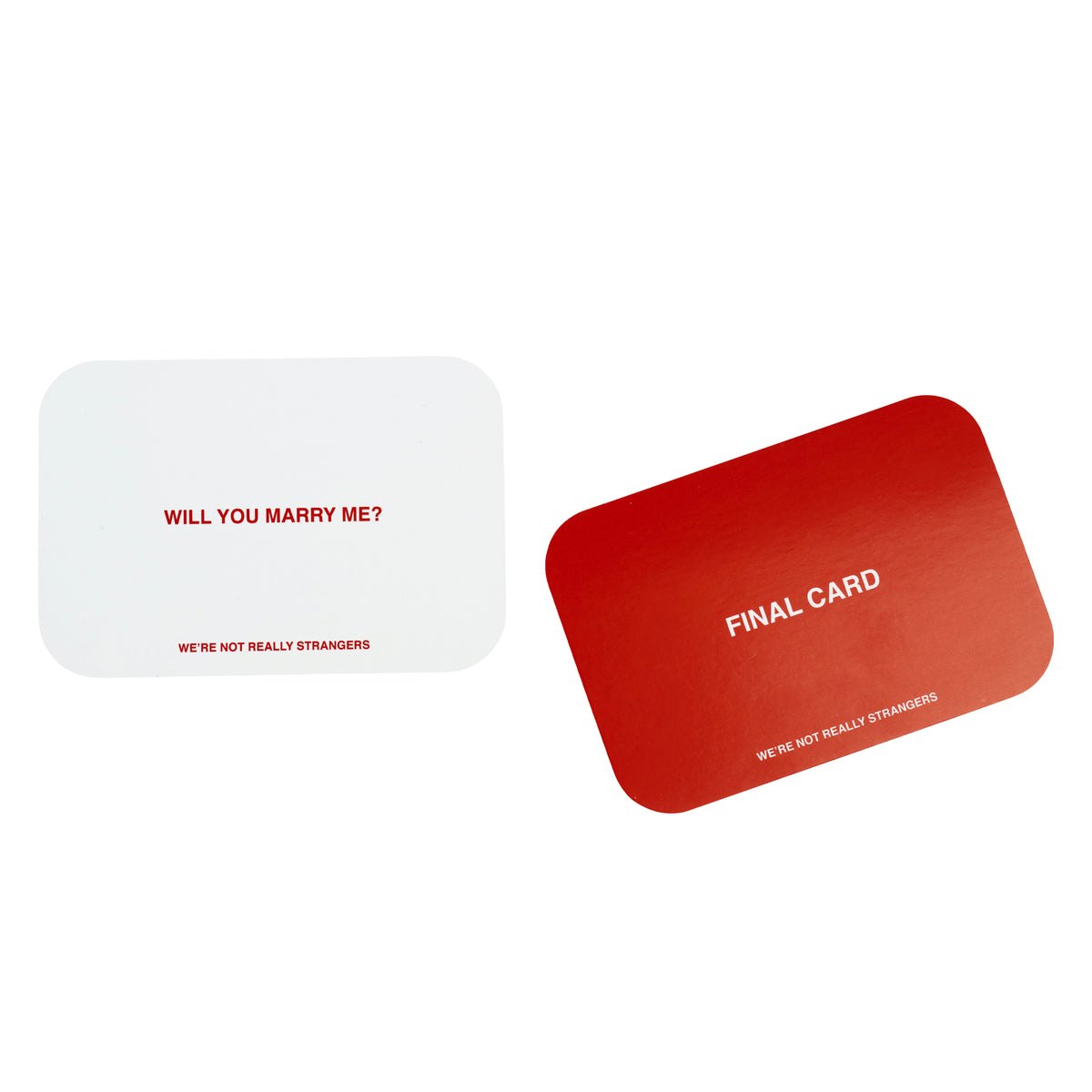 Two rounded cards: white card with "Will You Marry Me?" in red text, and red card labeled "Final Card" with matching text.