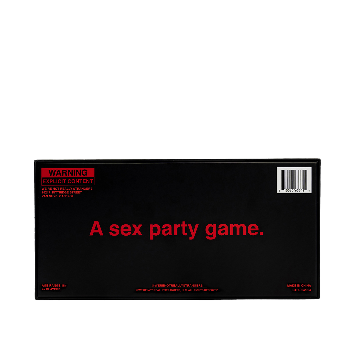 Black rectangular game box with red warning label and text reading "A sex party game" on front, barcode on upper right corner