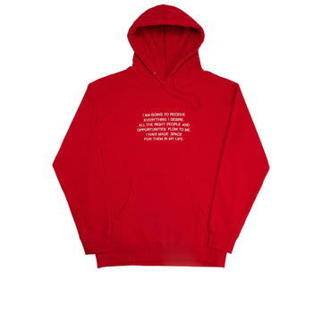 We're Not Really Strangers zoomed out flat lay view of red affirmations hoodie reading 