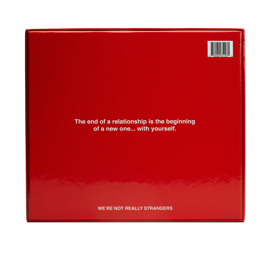 We're Not Really Strangers Breakup Kit. Back view of box reading 