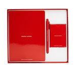 Red breakup kit set containing journal, pen, and card in red gift box.