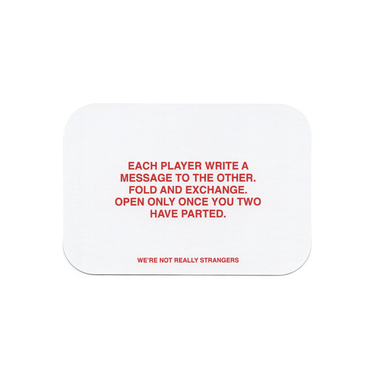 White rounded card with red text displaying game instructions about writing messages to other players and the game title.