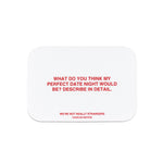 White rounded card with red text reading "What do you think my perfect date night would be? Describe in detail" and "We're no