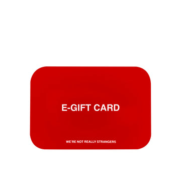 We're Not Really Strangers E-Gift Card. Front facing view of red card reading 