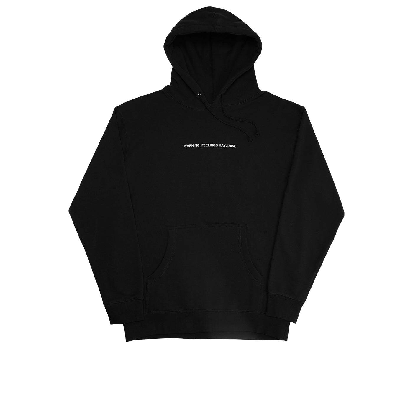 We're Not Really Strangers Mental Health Awareness Month. Front view of Black How Are You Really Hoodie with centered white font reading "Warning: Feelings May Arise".