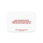 White rounded card with red text asking about emotions and stating "We're Not Really Strangers Healing Edition."