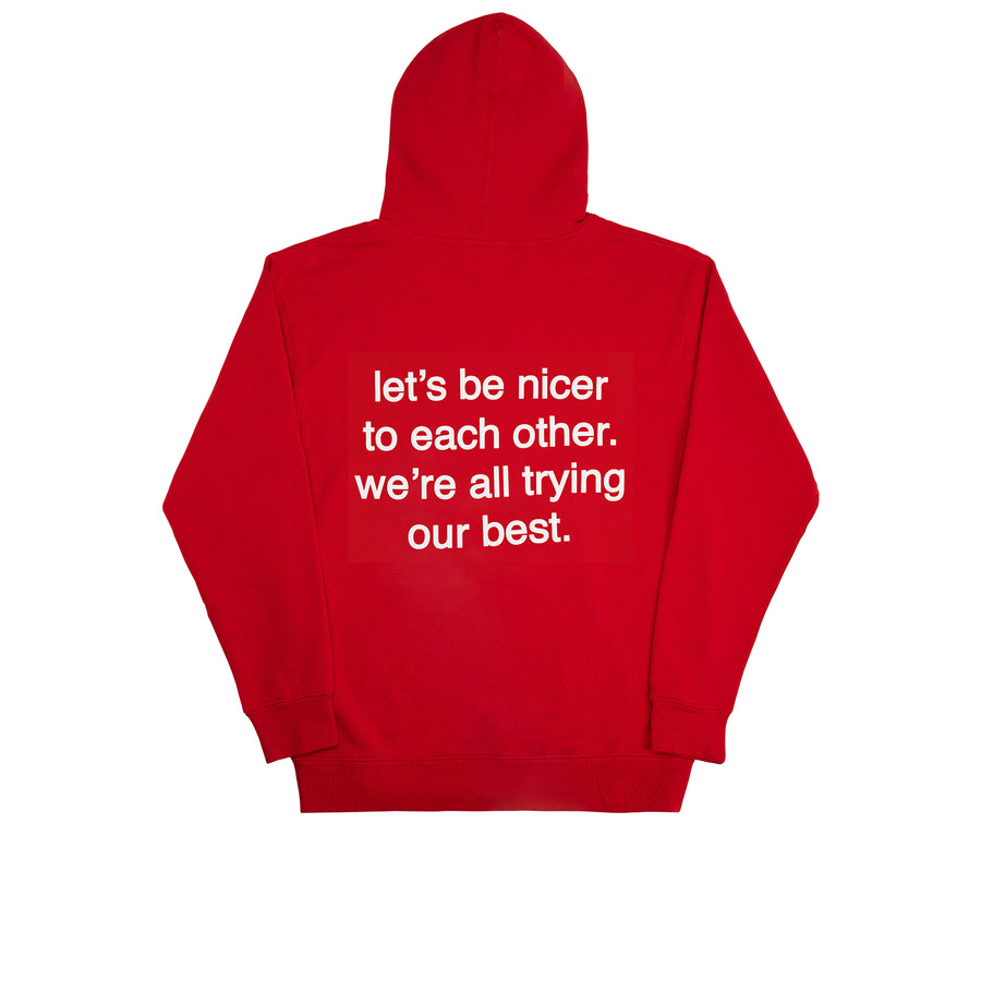 We're Not Really Strangers Mental Health Awareness Month. Back view of Red Let's Be Nicer Hoodie with large white text reading 