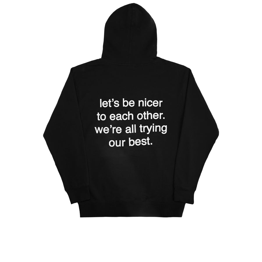 We're Not Really Strangers Mental Health Awareness Month. Back view of Black Let's Be Nicer Hoodie with large white text reading 