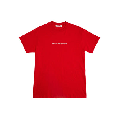 We're Not Really Strangers Red Logo Tee laying flat